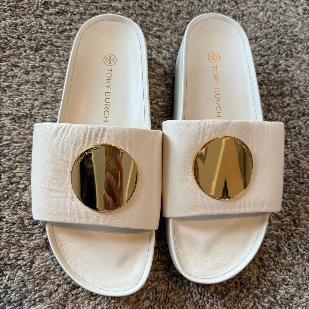 Tory Burch Cream Slide Sandals with Gold Disc